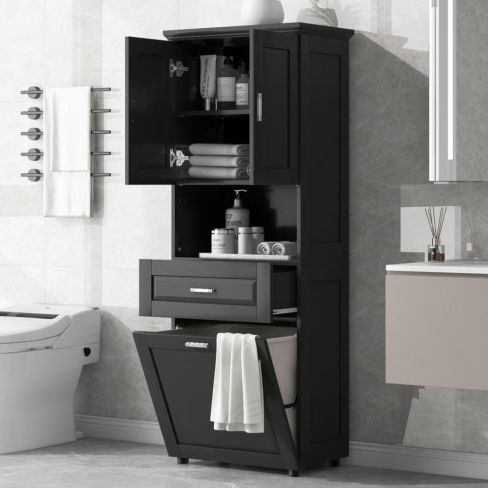 Waterproof Bathroom Cabinet with Tilt-Out Laundry Basket, Large Double Door Storage Cabinet with Adjustable Shelf and Drawer