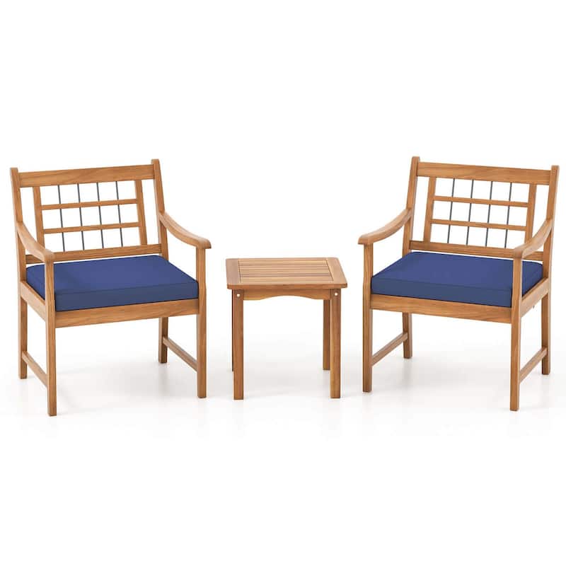 3PCS Acacia Wood Patio Conversation Set Bistro Set Solid Wood Frame - Navy