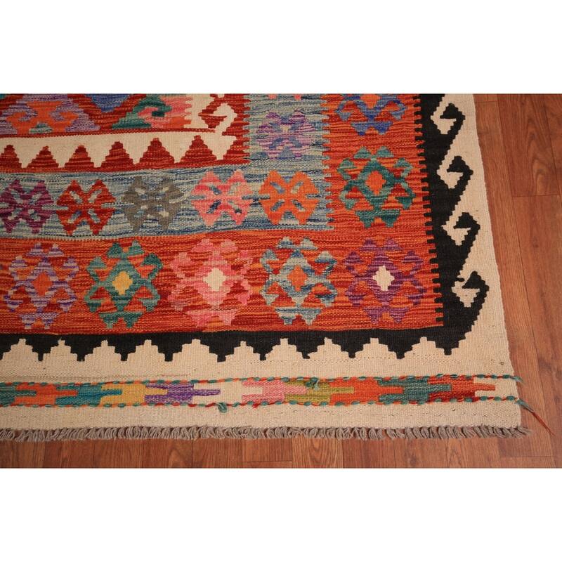 Kilim Oriental Area Rug Hand-Woven Orange Wool Carpet - 8'1" x 9'10"