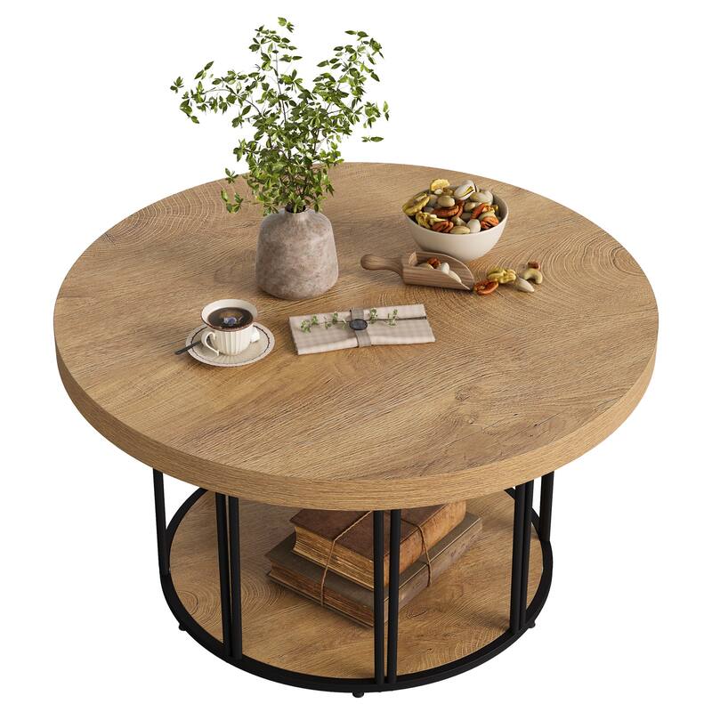 35.5'' Round Coffee Table, 2-Tier Circle Coffee Table