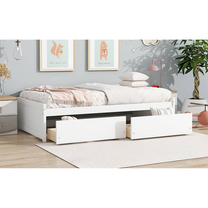 Roomfitters Twin Rubber Wood Bed Frame with Two Pull-Out Storage Units, Low Profile Platform Design