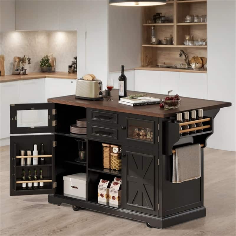 54.9"Rolling Kitchen Island w/ Drop Leaf,Power Outlet,Cross Barn Doors