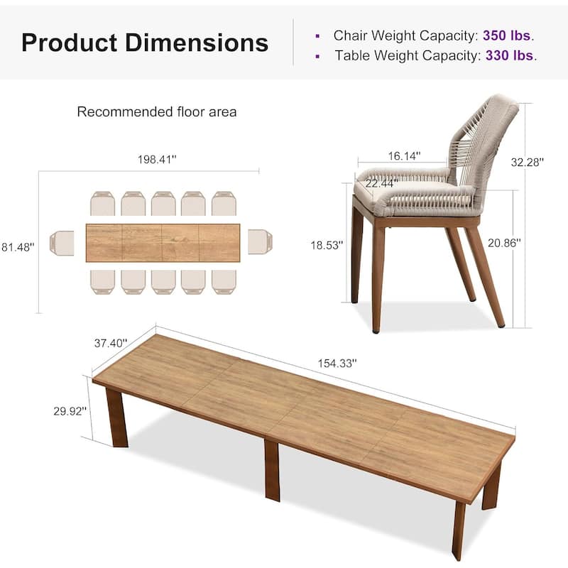 PURPLE LEAF Dining Set Patio Metal Rectangular Table and Wicker Rattan Chairs for Outside Porch Modern Outdoor Furniture Sets