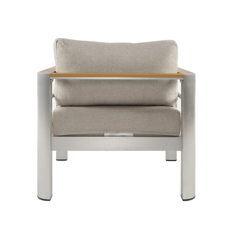 Roomfitters Modern Outdoor Patio Sofa Set, Aluminum Frame with Cushions & Wood-Style Table, Beige+Silver