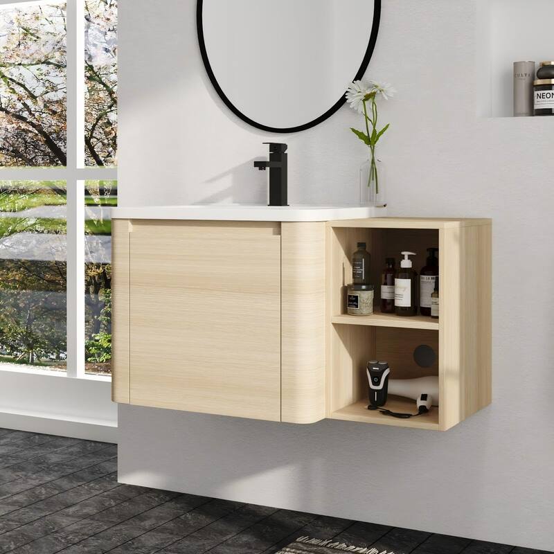 Malwee 28"/40"/52"/68" Floating Bathroom Vanity, Wall Mounted Bathroom Vanity with Ceramic Sink,Soft Close Door and Shelf - 39.8"×18.7"×19.9"