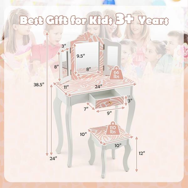 Costway Kid Vanity Set Wooden Makeup Table Stool Tri-Folding Mirror - See Details