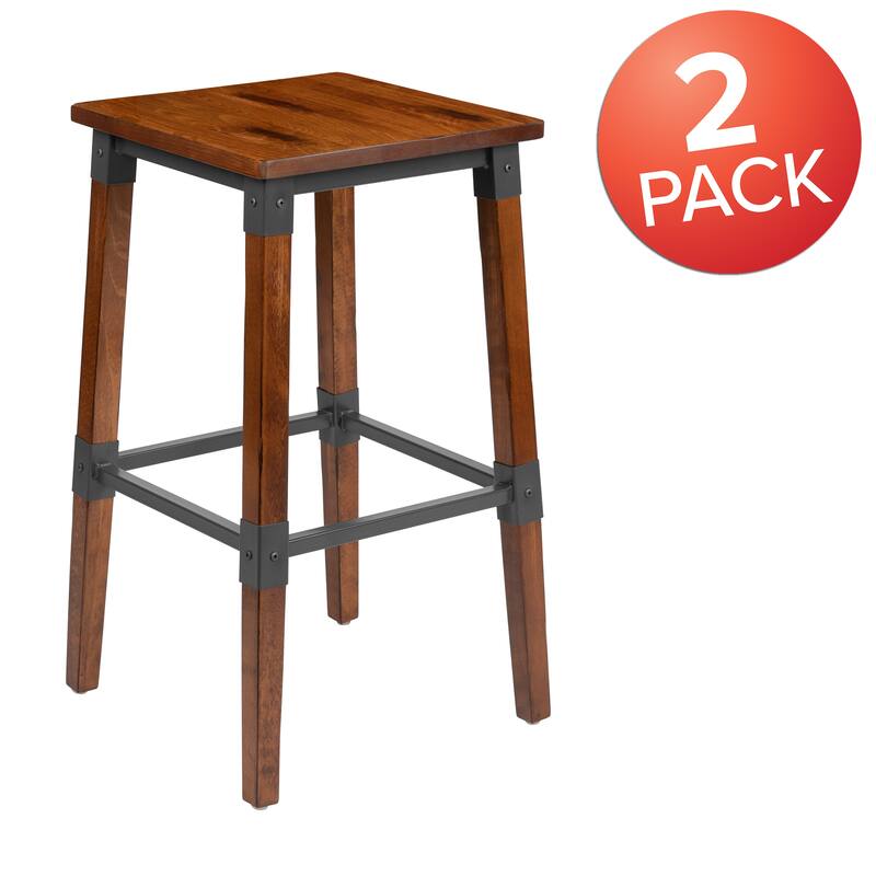 2 Pack Commercial Grade Rustic Industrial Style Backless Wood Barstool