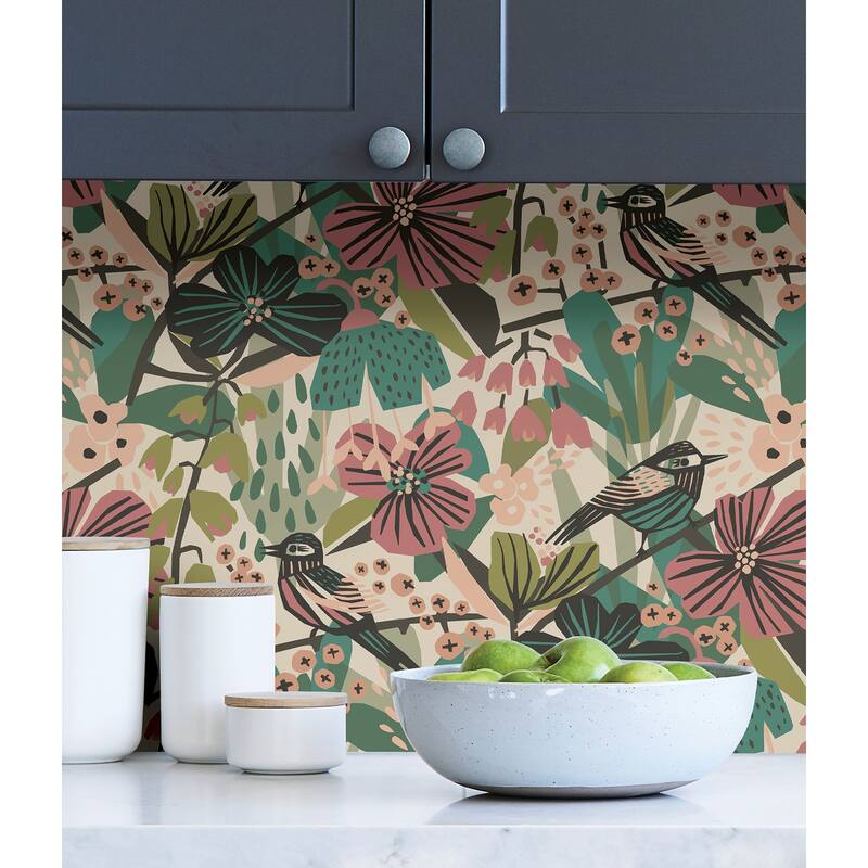 Pip & Lo Teal Pink Jaybird Peel & Stick Wallpaper