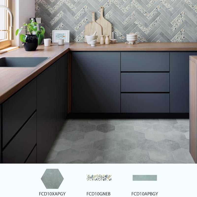 Merola Tile Atlas Hex Grey 8-5/8" x 9-7/8" Porcelain Floor and Wall Tile