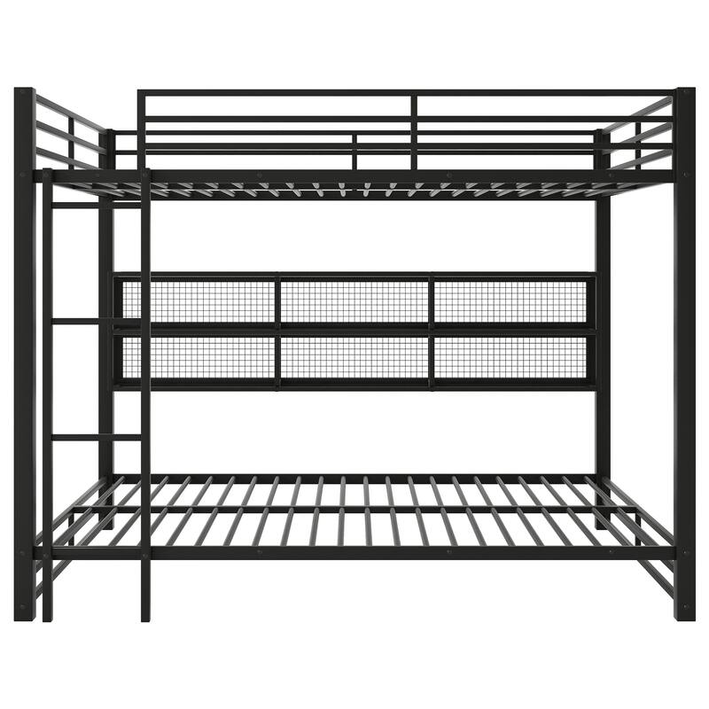 Queen over Queen Metal Bunk Bed with LED Lights and Storage Cabinets Black