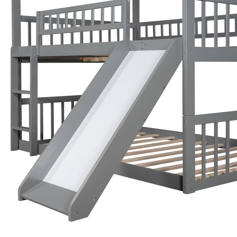 Full Size Wood Triple Bed with Ladder and Slide, Divided Into 3 Separate Beds, Full-Over-Full-Over-Full Triple Bunk Bed Frame
