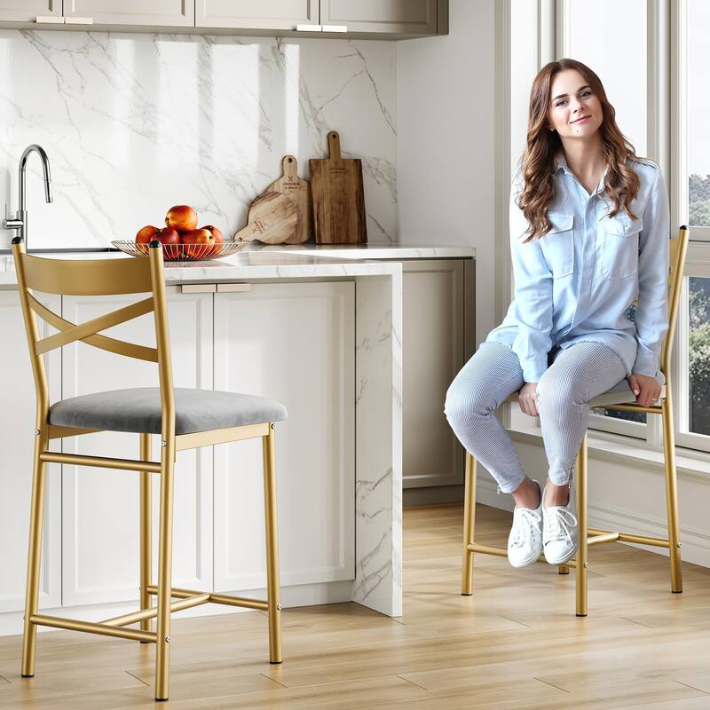 Metal Counter Height Bar Stools with X-Back & PU Leather Cushion, Waterproof Dining Chairs for Kitchen or Restaurant