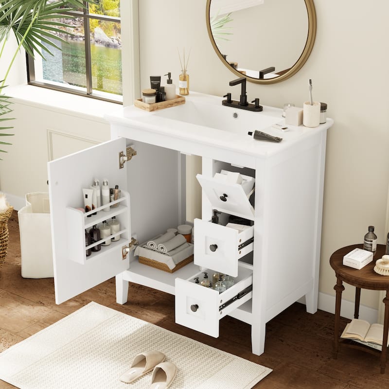 Modern Simple Bathroom Cabinet Freestanding Bathroom Vanity with Ceramic Sink, Tip-out Drawer, 2 Drawers and Side Door Organizer