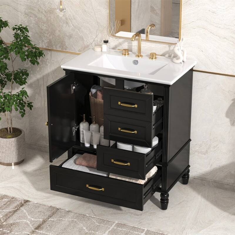 30" Bathroom Vanity with Ceramic Sink Combo, Freestanding Bathroom Vanity Cabinet with 1 Door and 3 Storage Drawers