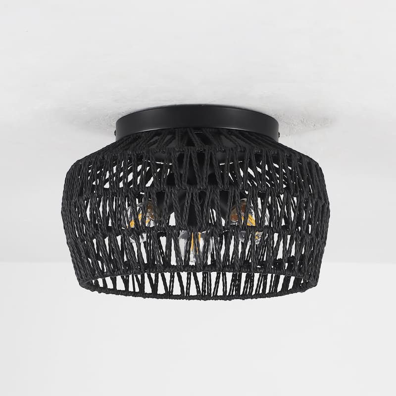 3-Light Rattan Semi Flush Mount Chandelier for Hallway Entryway Dining Room