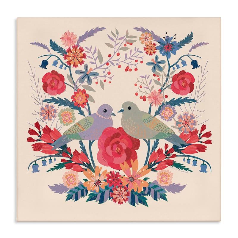 Stupell Symmetrical Folk Flowers & Birds Canvas Wall Art Design By Verbrugge Watercolor - 24 x 24