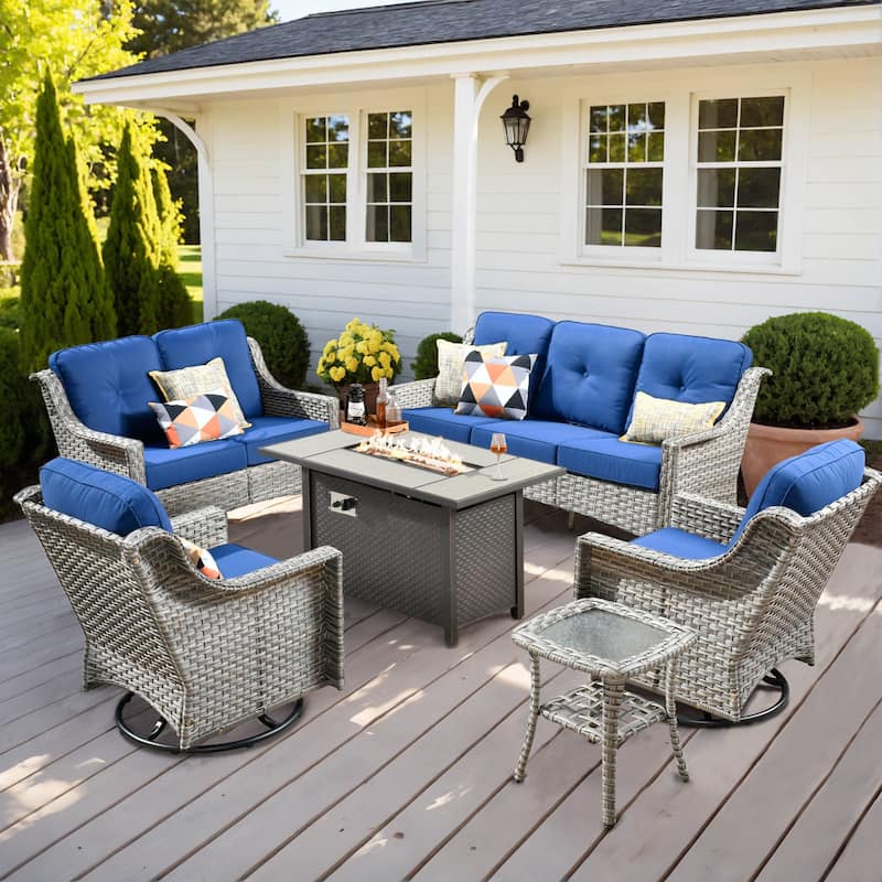 OVIOS 6 Pieces Outdoor Wicker Curved Swivel Chair Set With Fire Table - Navy Blue
