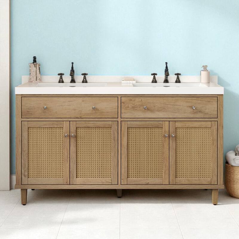 60" Double Sink Bathroom Vanity with SMC Integrated Top, Soft Close Doors, Tip-Out Trays and Rattan Front Cabinets - Wood