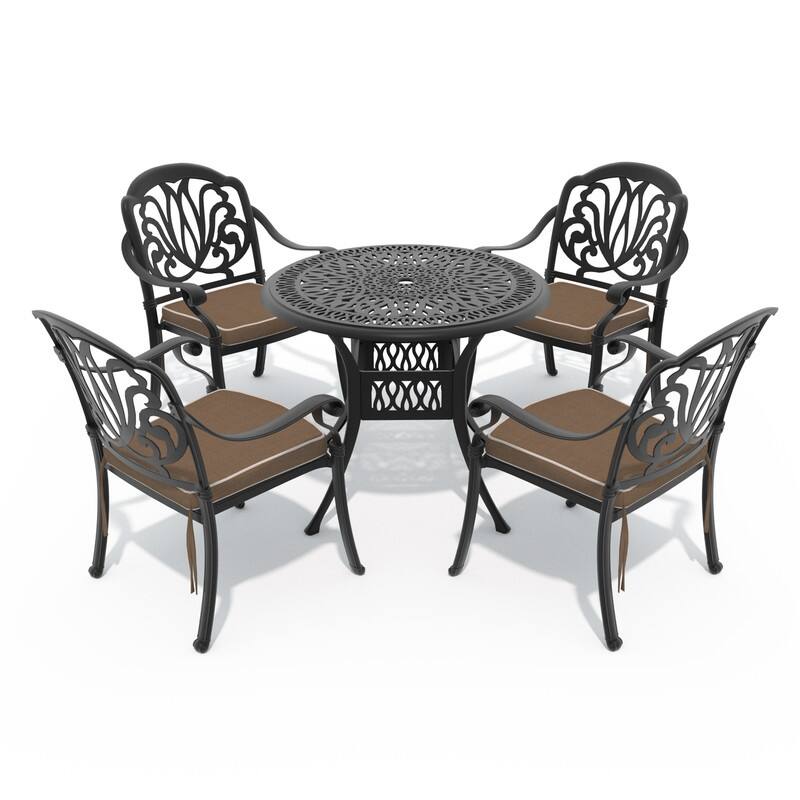 5-Pieces Aluminum Patio Set , 4 x Armchairs with Cushions with 1 With Umbrella Hole Table