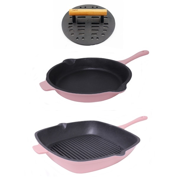 https://ak1.ostkcdn.com/images/products/is/images/direct/b6073cb63e084071b81fa25e65f46c105c813748/Neo-3pc-Cast-Iron-Set-Fry-Pan-Grill-Pan-%26-Slotted-Steak-Press.-Pink.jpg