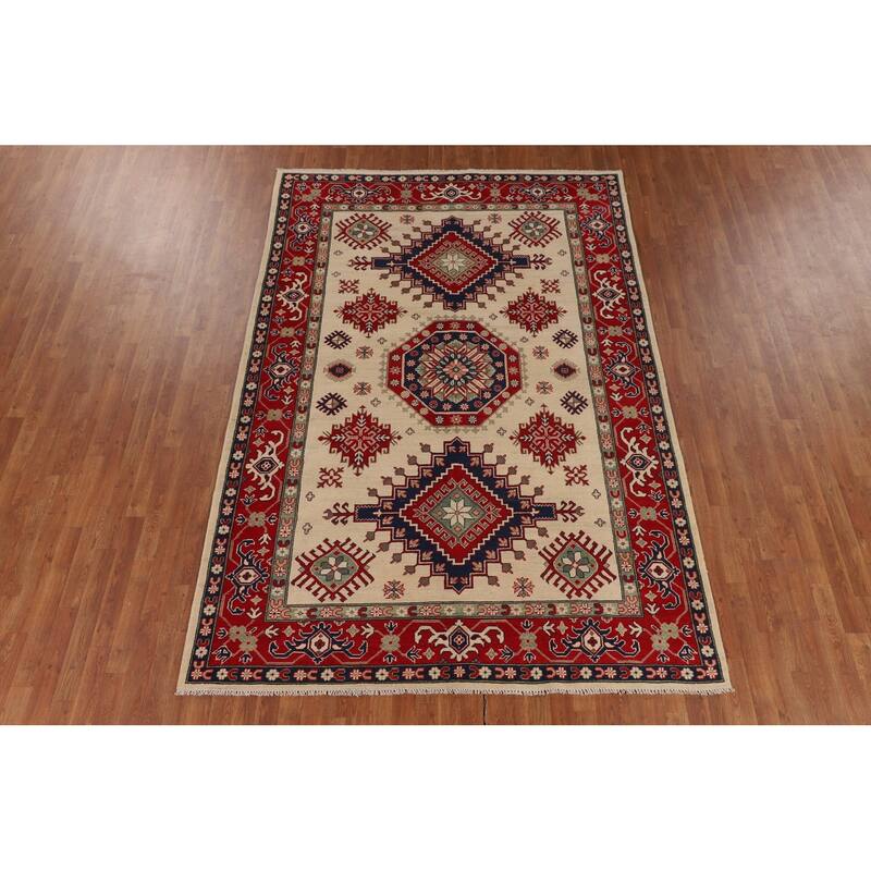 Geometric Kazak Area Rug Hand-Knotted Beige Oriental Wool Carpet - 6'9" x 9'9"