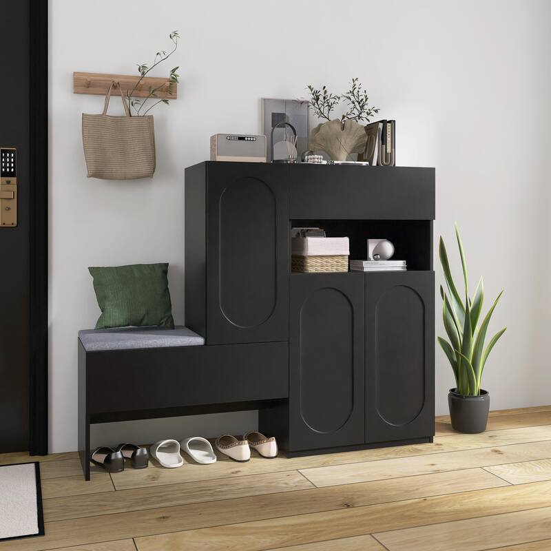 Elegant 2-in-1 Shoe Cabinets with Soft Cushion, Modern Storage Bench with Rebound Devices & Adjustable Shelves