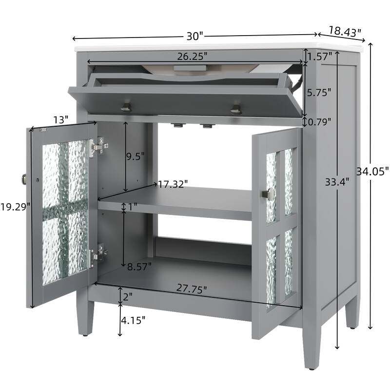 30" Modern Bathroom Vanity Set with Ceramic Sink - Adjustable Shelf & Tip-Out Tray, Soft-Close Hinges, Silver Knobs
