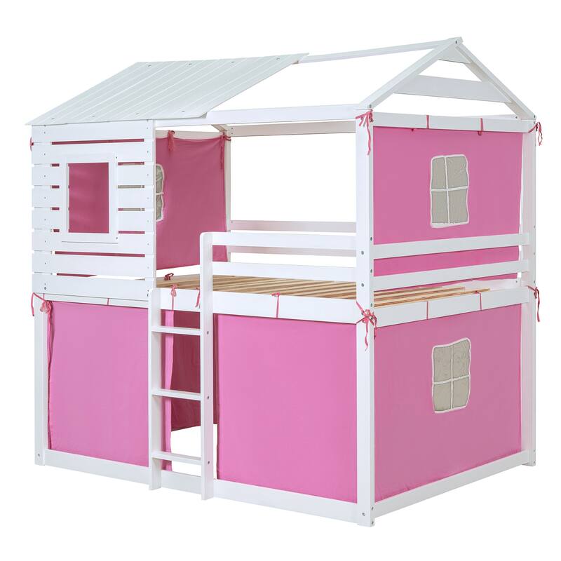 Pink+White Full Size Solid Wood House Bunk Bed with Tent, Ladder, and Fence