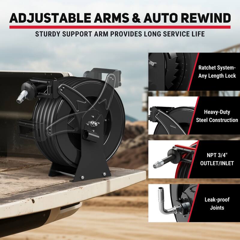 Fuel Hose Reel Retractable 3/4" x 50' 300 PSI Industrial Heavy Duty Diesel Fuel Hose Reel Steel Construction