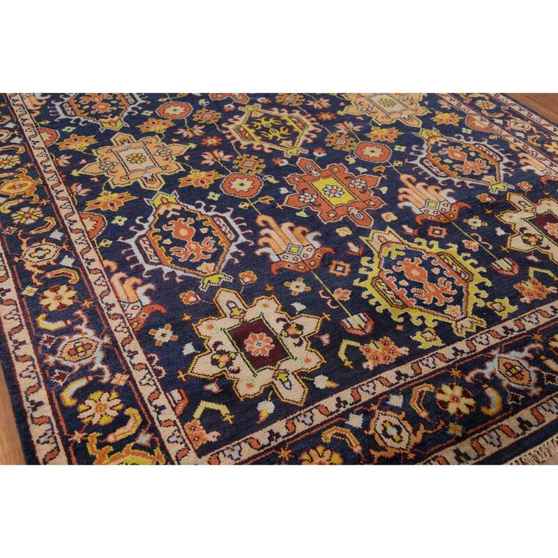 All-Over Blue Geometric Oushak Oriental Area Rug Handmade Wool Carpet - 7'10"x 10'4"