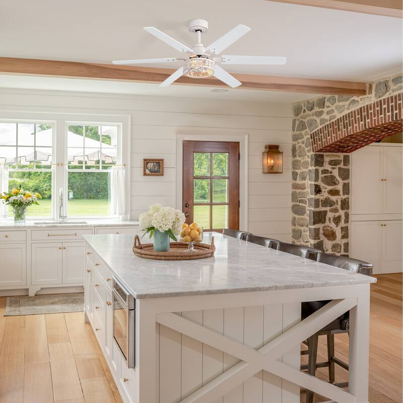2 Set 46" Distressed White Caged Ceiling Fan with Light and Remote(6-Blade)
