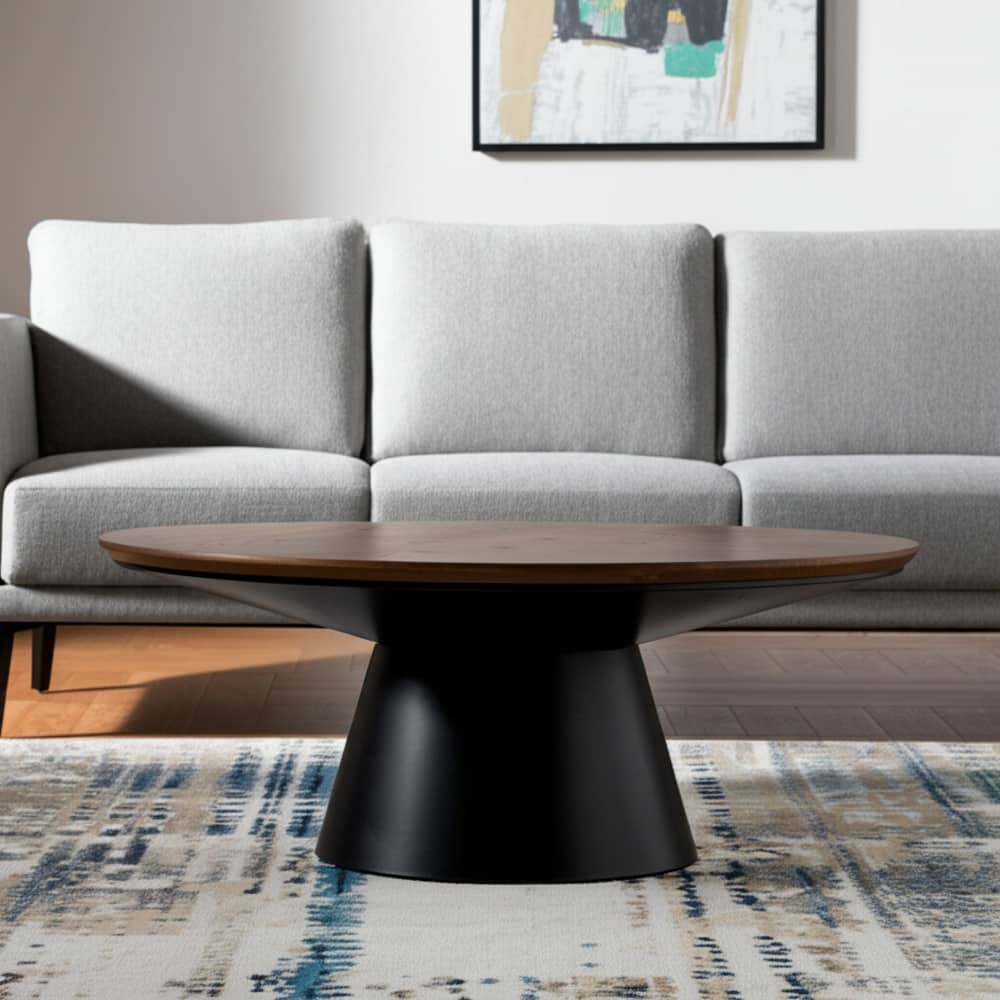 HomeRoots 40" Brown and Black Solid Wood and Iron Round Pedestal Coffee Table - 40' X '16.5' X '40