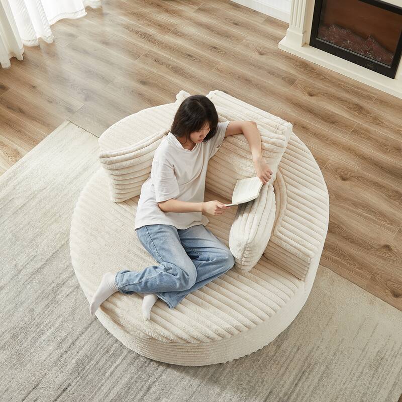 Oversized Round Chaise Lounge Corduroy Upholstered Single Sofa Chair with Cylindrical Neck Pillow and Integrated Backrest