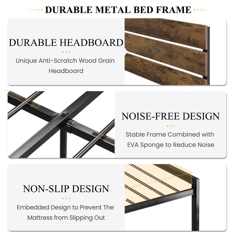 Rustic Style Platform Bed Frame Queen Size with Wood Headboard, Strong Metal Slats Support, Easy Assembly