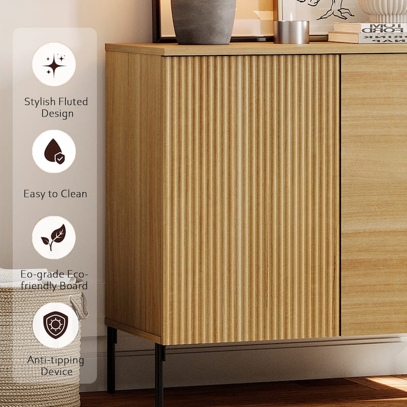 31.5" Wooden Reeded Sideboard With 2 Doors, Modern Credenza Storage Cabinet