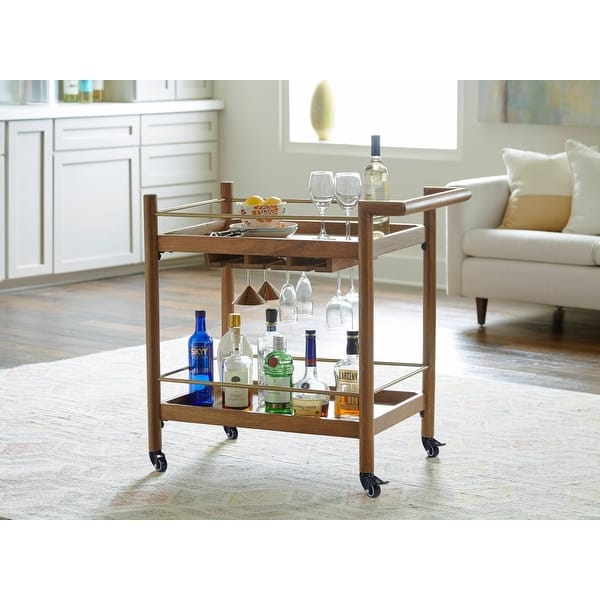 MidCentury Modern Nutmeg Solid Wood Kitchen Bar Cart with Stemware