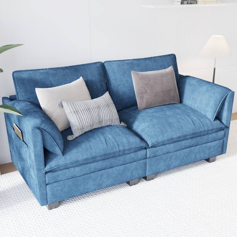 Wood Frame Loveseat Sofa Couch with 2 Side Pockets, Minimalist Accent Sofa Lounge Sofa with Armrests - Blue
