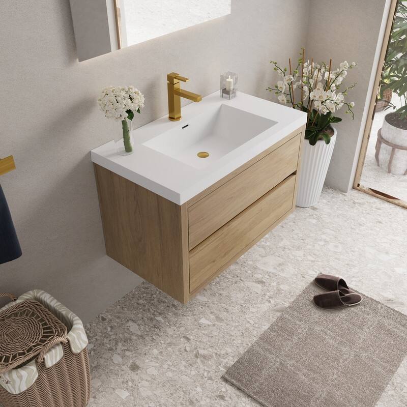 Abruzzo 36" Wall-Mount Bathroom Vanity with Stone Resin Top and Dual Soft-Close Drawers