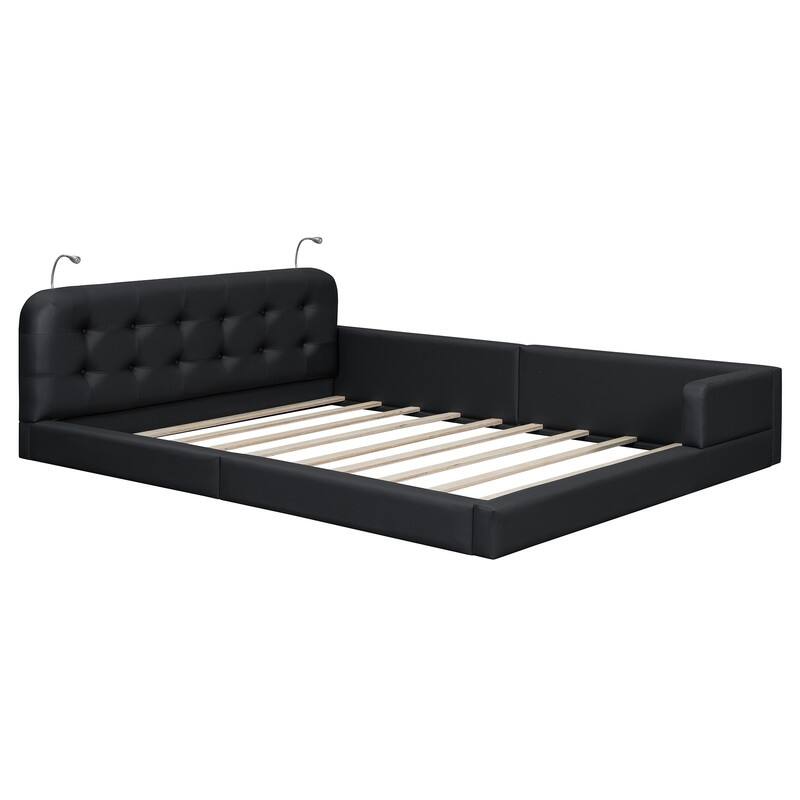 Queen Size Upholstered Platform Bed with 2 Bedside Lights on Headboard, Semi-Open Design PU Leather Floor Bed Frame