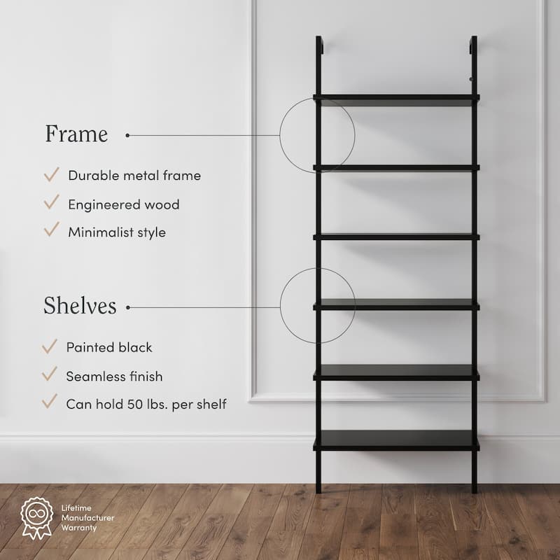 Nathan James Theo 6-Shelf Tall Bookcase, Wall Mount Bookshelf Wood with Metal Frame