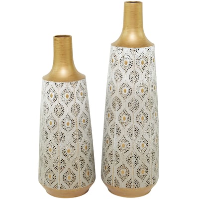 Metal Vase with Diamond Pattern - Set of 2 White - Roche River Decor - 7"W x 7"L x 24"H