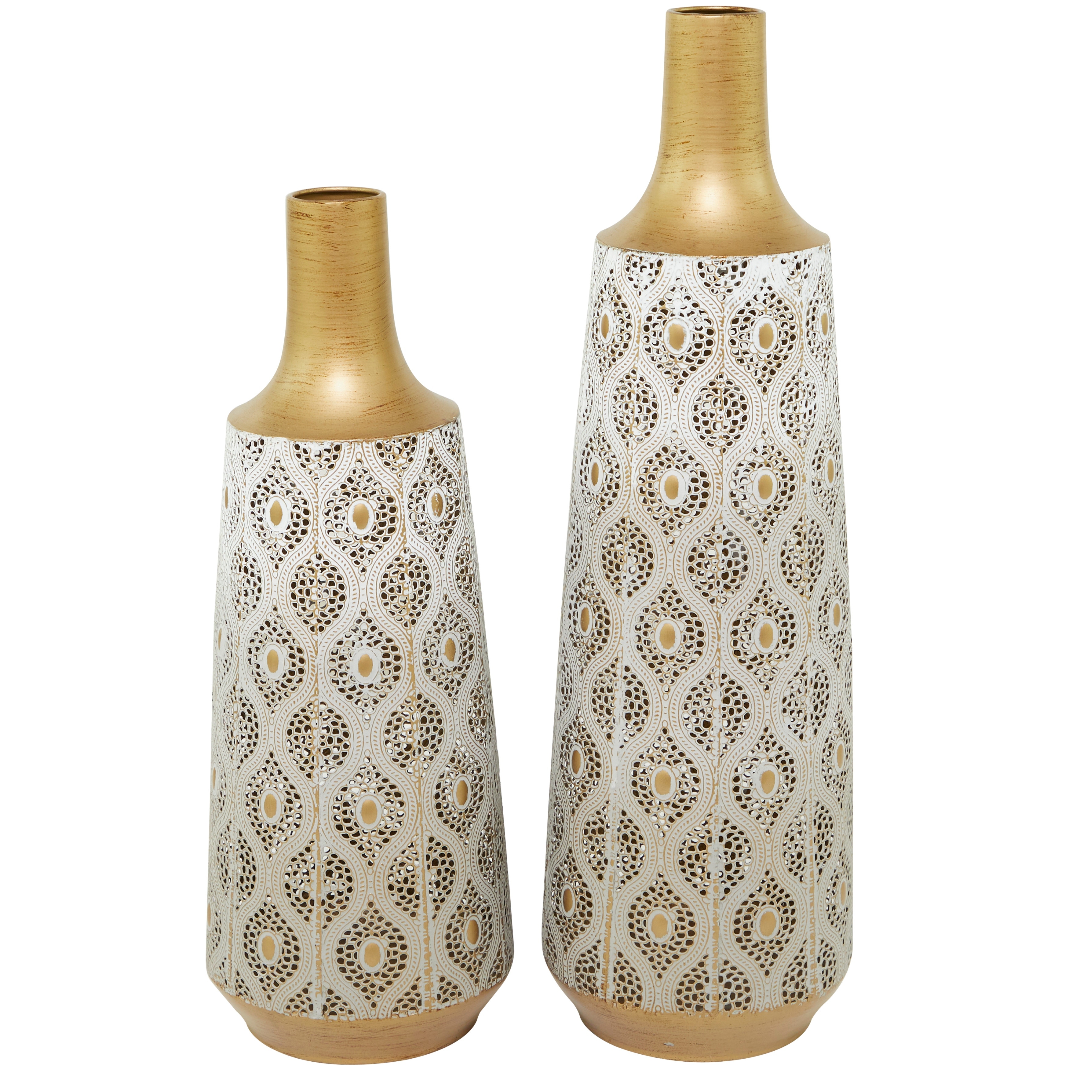 Metal Vase with Diamond Pattern - Set of 2 White - Roche River Decor - 7"W x 7"L x 24"H