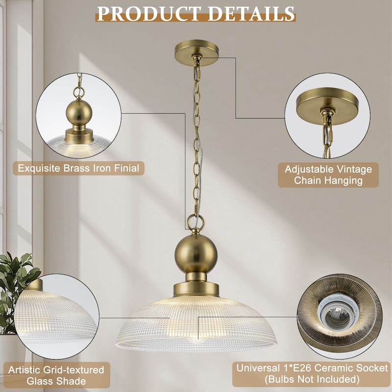 1-Light Gold Pendant Light Shallow Half-Dome Textured Grid Glass Shade - Dia.15.75-in