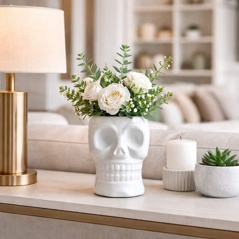 Decorative Ceramic Skull Table Vase - White - 8.0"