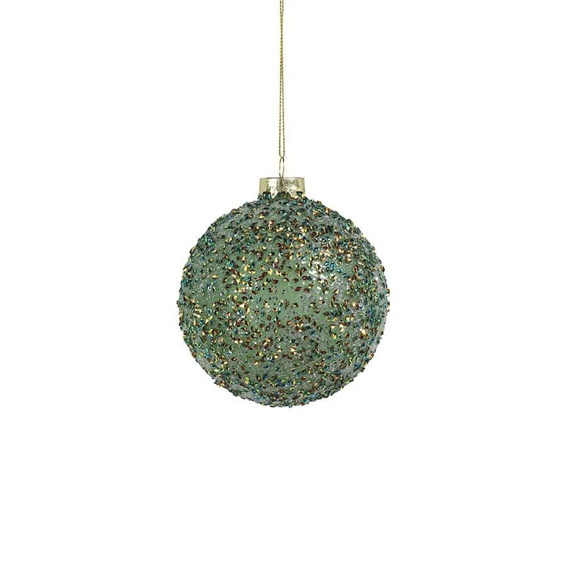 4" Beaded Tinsel Green Glass Ball Ornaments, Set of 6