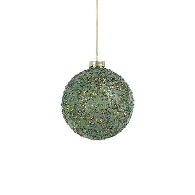 4" Beaded Tinsel Green Glass Ball Ornaments, Set of 6