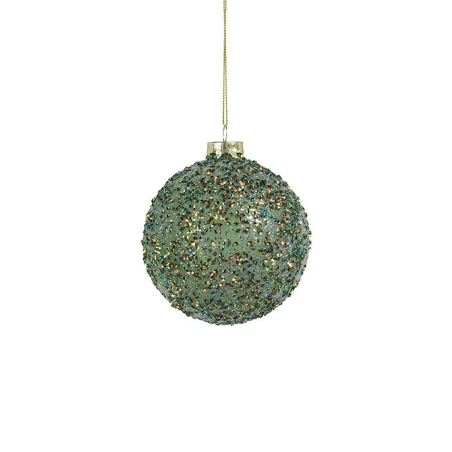 4" Beaded Tinsel Green Glass Ball Ornaments, Set of 6