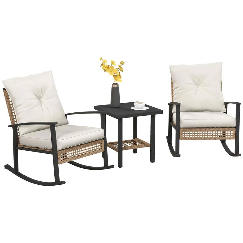 3-Piece Wicker Set, Rocking Chairs with Tufted Cushions,Coffee Table