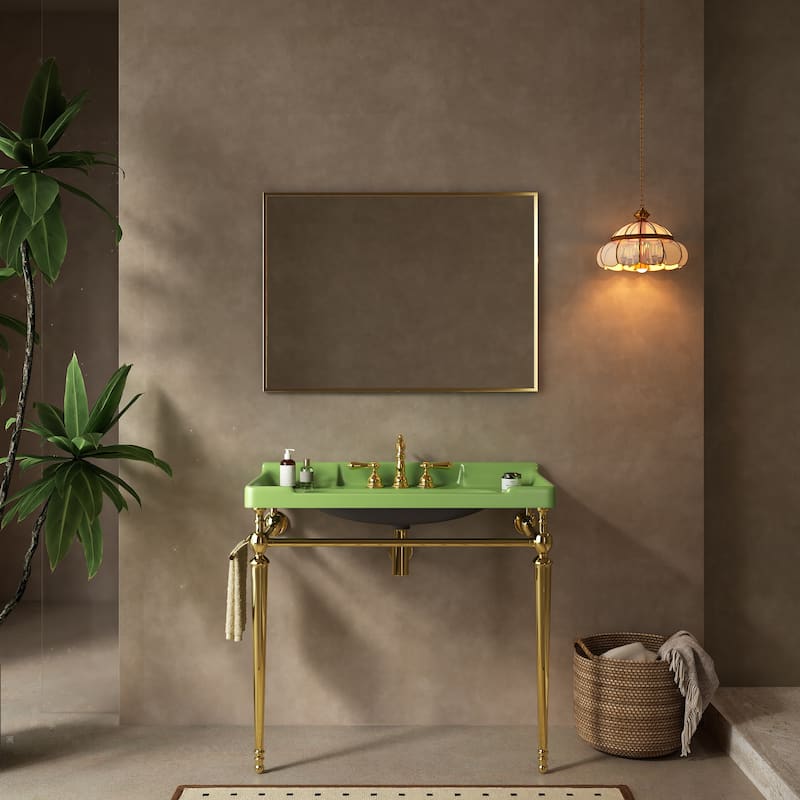 28" Wall-Mounted Console Sink with Stainless Steel Legs, White Ceramic Vanity Basin & Towel Bar - Gold+Green