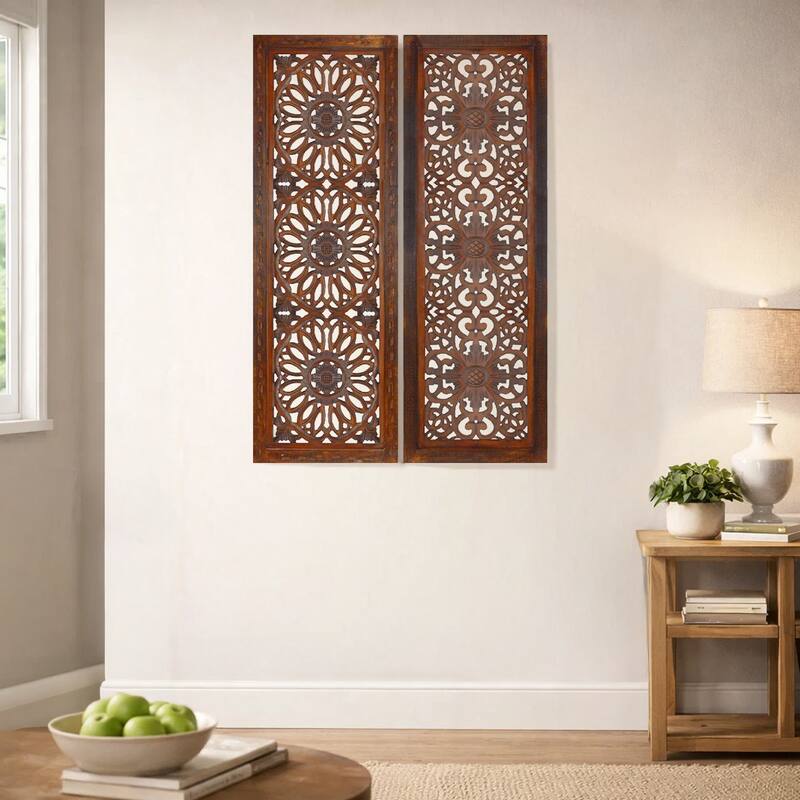 2 Piece Mango Wood Wall Panel Set with Mendallion Carving, Burnt Brown